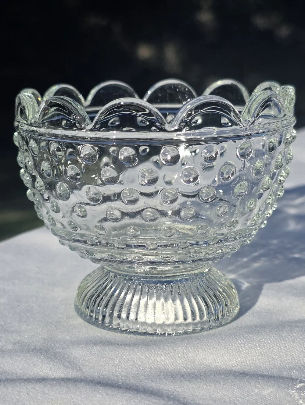 Vintage 1950s Jeannette Glass Dewdrop Clear Hobnail Pedestal Dessert Bowl / Cand